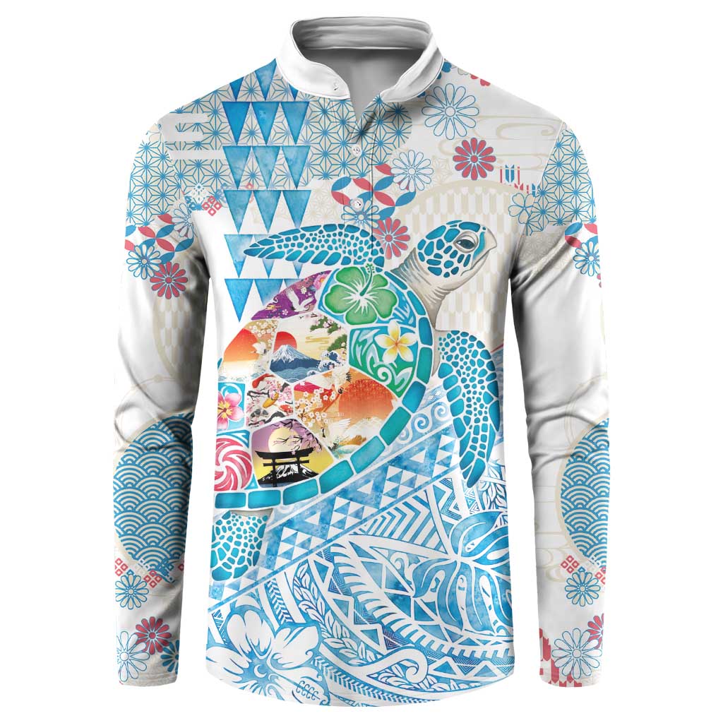 Hawaiian and Japanese Culture Together Button Sweatshirt Tropical Honu with Japanese Elements Blue Color LT03 Blue - Polynesian Pride