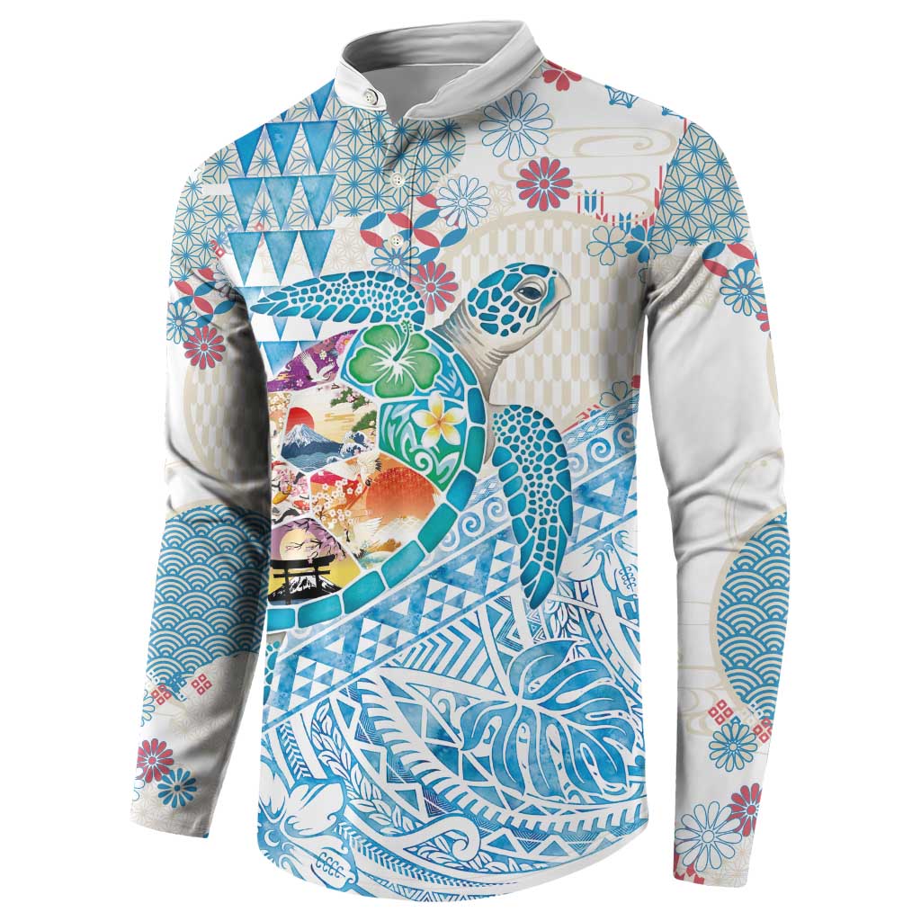 Hawaiian and Japanese Culture Together Button Sweatshirt Tropical Honu with Japanese Elements Blue Color LT03 - Polynesian Pride