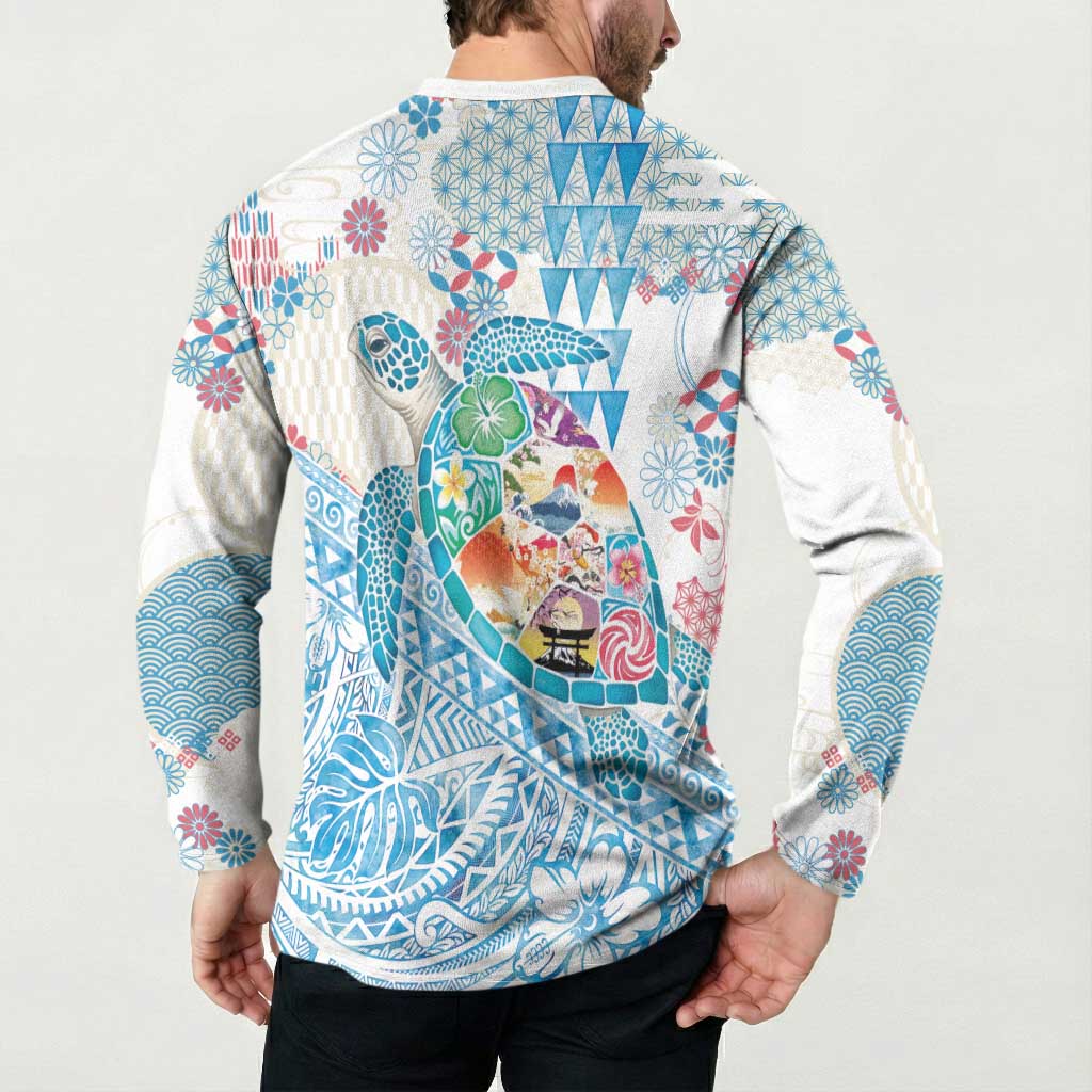 Hawaiian and Japanese Culture Together Button Sweatshirt Tropical Honu with Japanese Elements Blue Color LT03 - Polynesian Pride