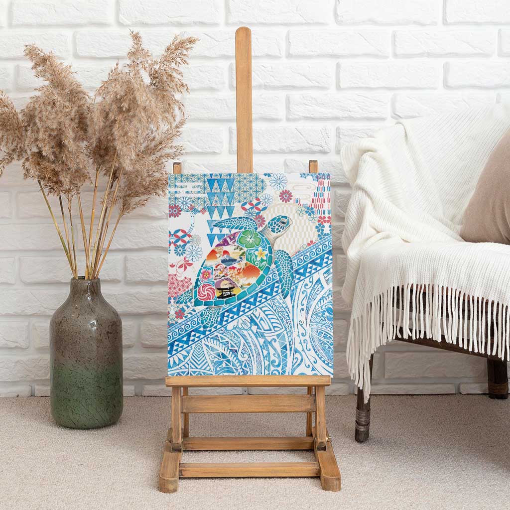 Hawaiian and Japanese Culture Together Canvas Wall Art Tropical Honu with Japanese Elements Blue Color LT03 - Polynesian Pride