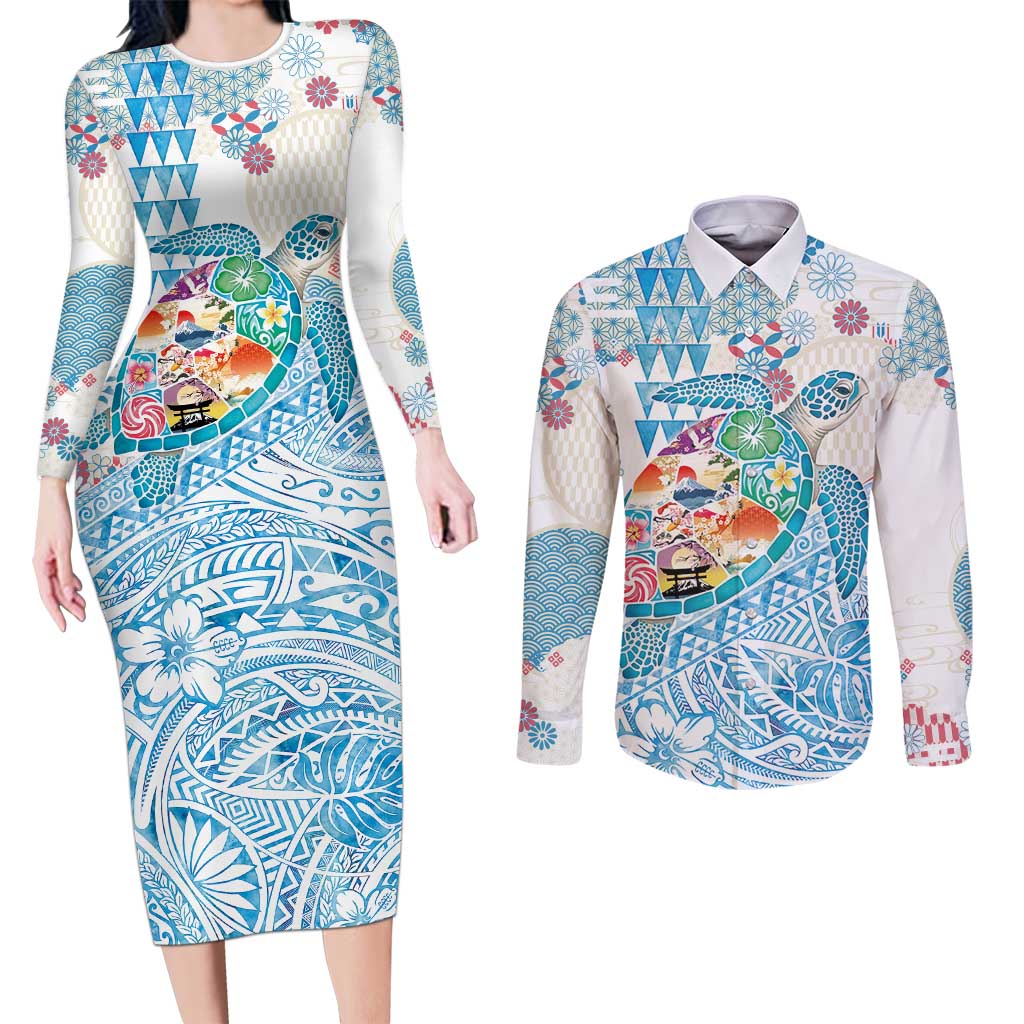 Hawaiian and Japanese Culture Together Couples Matching Long Sleeve Bodycon Dress and Long Sleeve Button Shirt Tropical Honu with Japanese Elements Blue Color