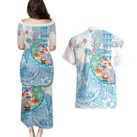 Hawaiian and Japanese Culture Together Couples Matching Puletasi and Hawaiian Shirt Tropical Honu with Japanese Elements Blue Color