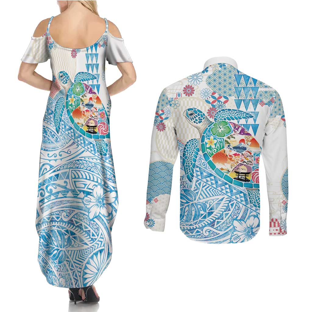 Hawaiian and Japanese Culture Together Couples Matching Summer Maxi Dress and Long Sleeve Button Shirt Tropical Honu with Japanese Elements Blue Color
