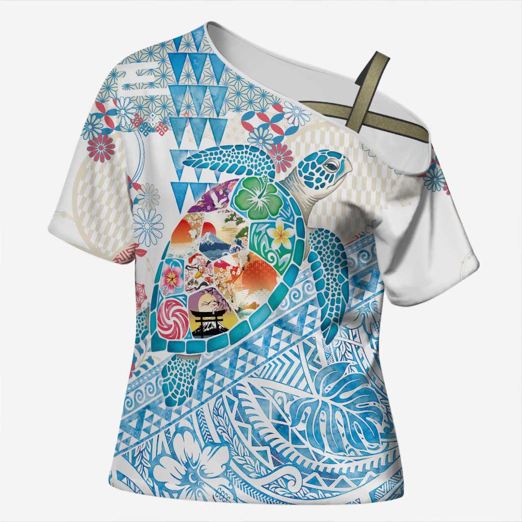 Hawaiian and Japanese Culture Together Cross Shoulder Shirt Tropical Honu with Japanese Elements Blue Color LT03 Female Blue - Polynesian Pride