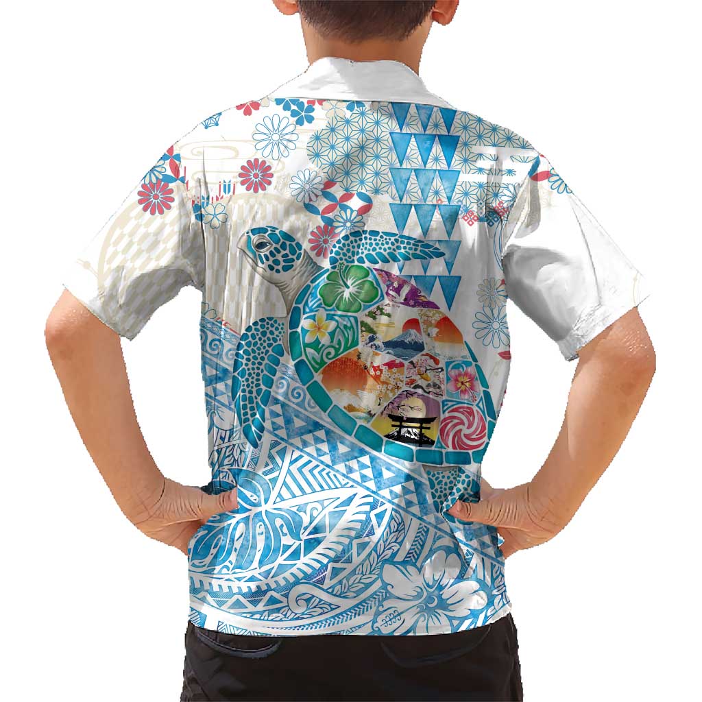 Hawaiian and Japanese Culture Together Family Matching Off The Shoulder Long Sleeve Dress and Hawaiian Shirt Tropical Honu with Japanese Elements Blue Color