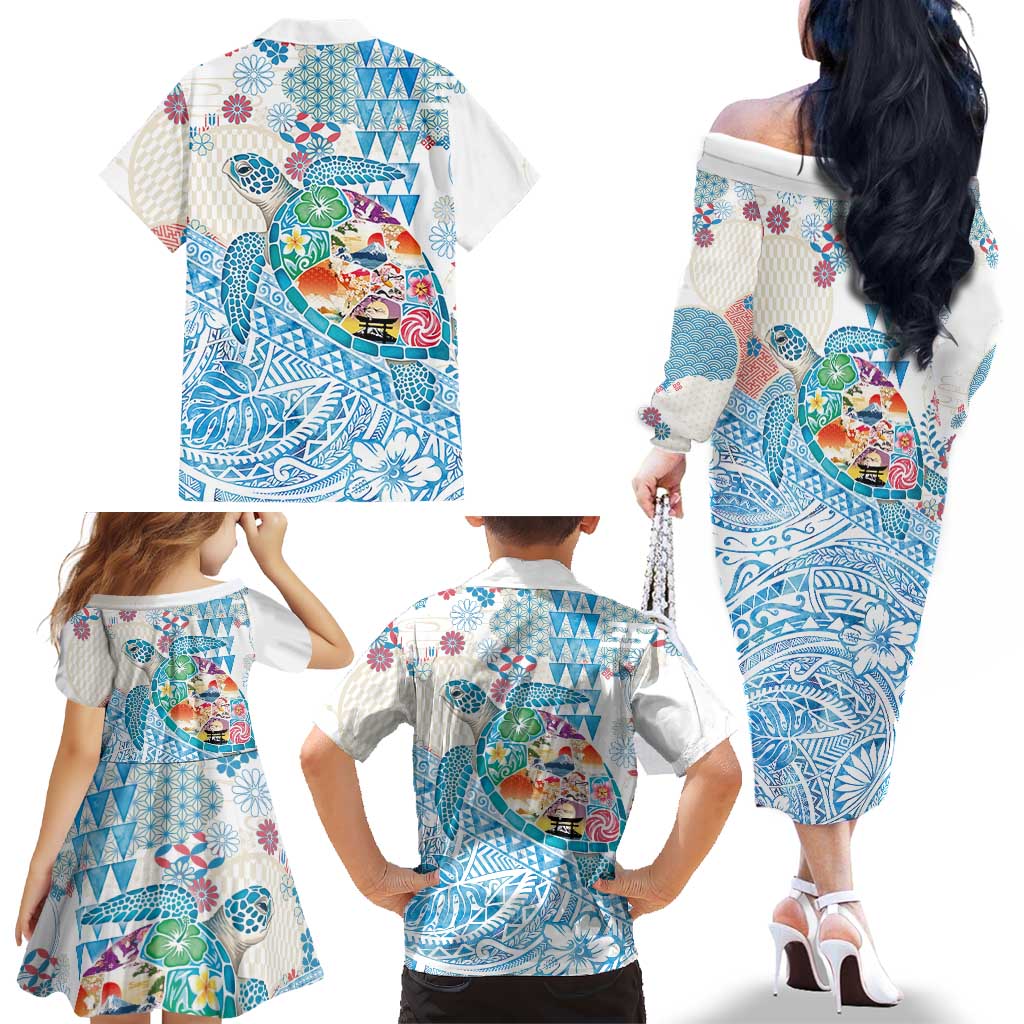 Hawaiian and Japanese Culture Together Family Matching Off The Shoulder Long Sleeve Dress and Hawaiian Shirt Tropical Honu with Japanese Elements Blue Color