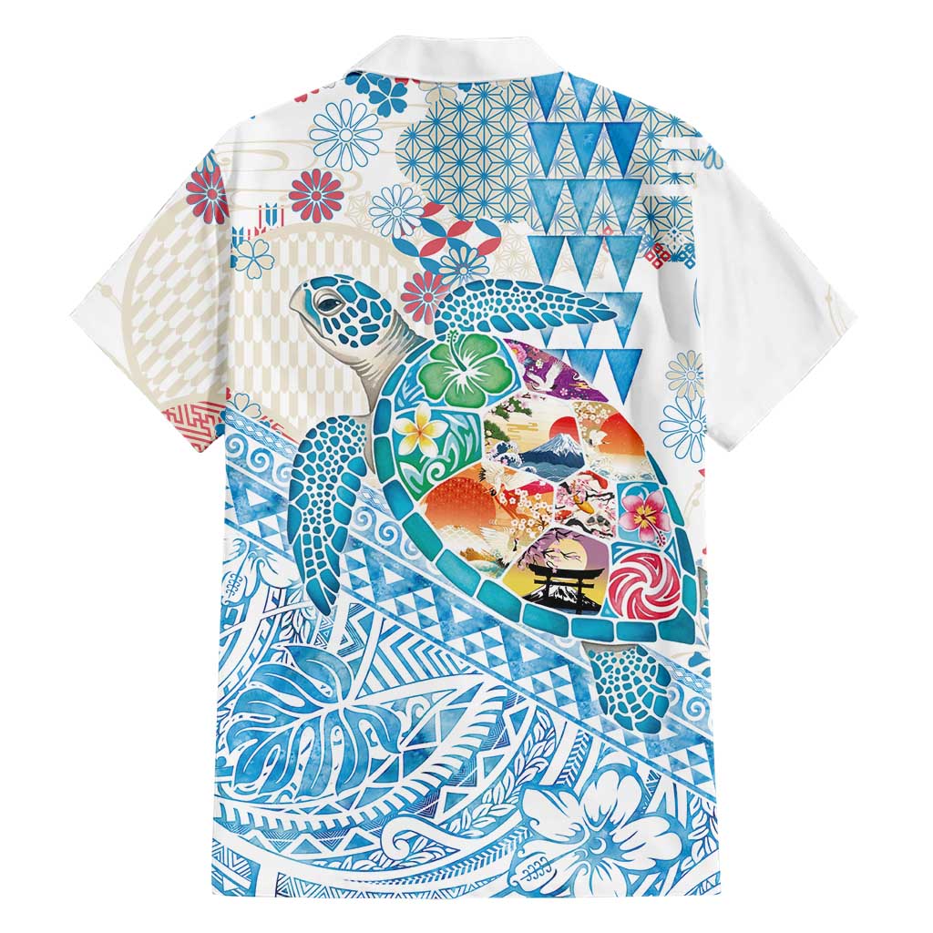 Hawaiian and Japanese Culture Together Family Matching Off The Shoulder Long Sleeve Dress and Hawaiian Shirt Tropical Honu with Japanese Elements Blue Color