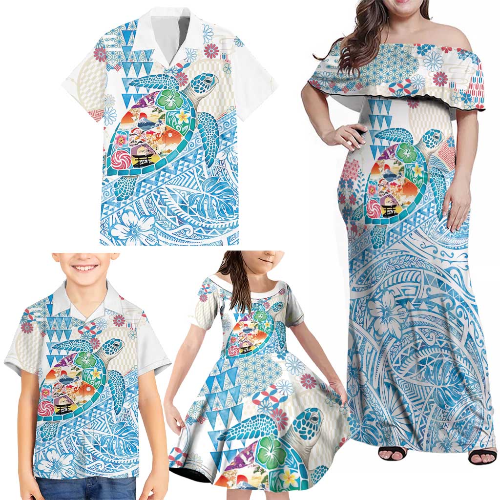 Hawaiian and Japanese Culture Together Family Matching Off Shoulder Maxi Dress and Hawaiian Shirt Tropical Honu with Japanese Elements Blue Color LT03 - Polynesian Pride