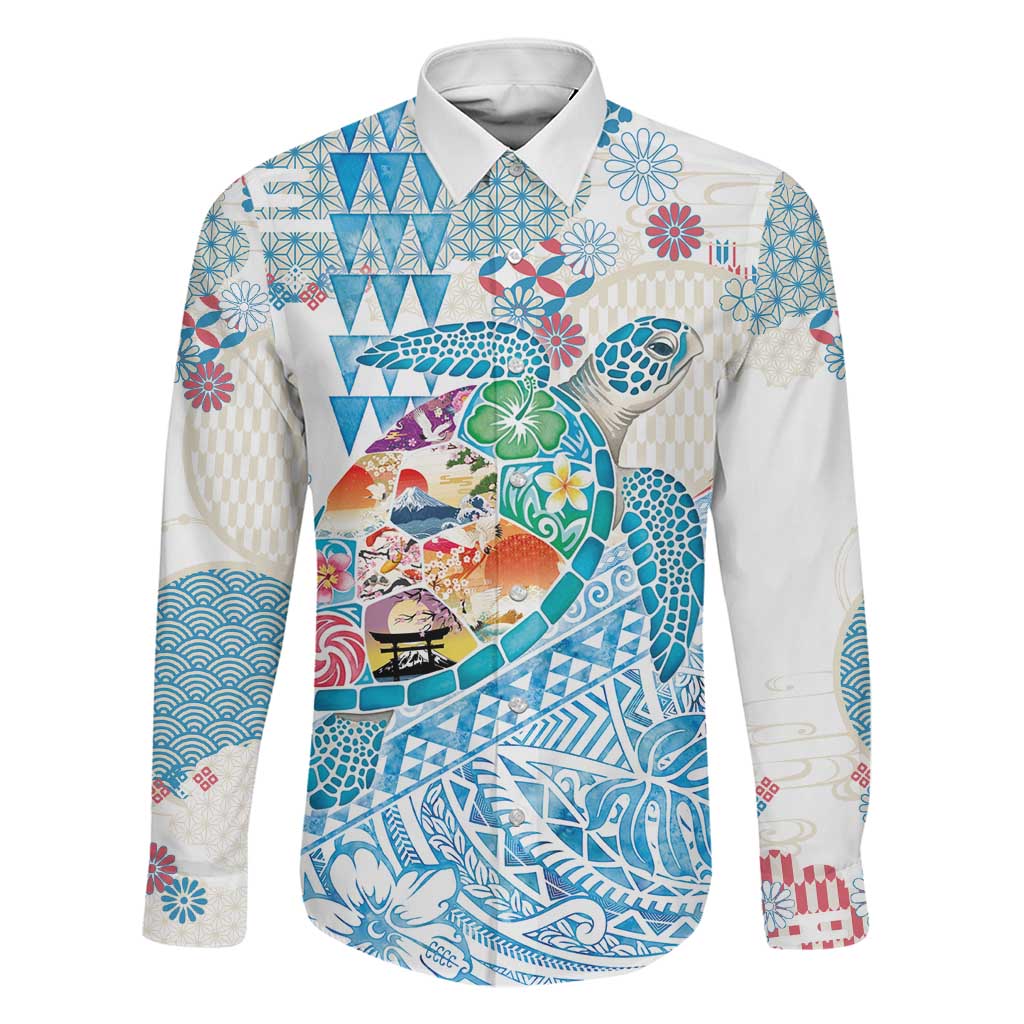 Hawaiian and Japanese Culture Together Family Matching Off Shoulder Maxi Dress and Hawaiian Shirt Tropical Honu with Japanese Elements Blue Color
