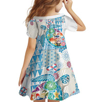 Hawaiian and Japanese Culture Together Family Matching Off Shoulder Short Dress and Hawaiian Shirt Tropical Honu with Japanese Elements Blue Color