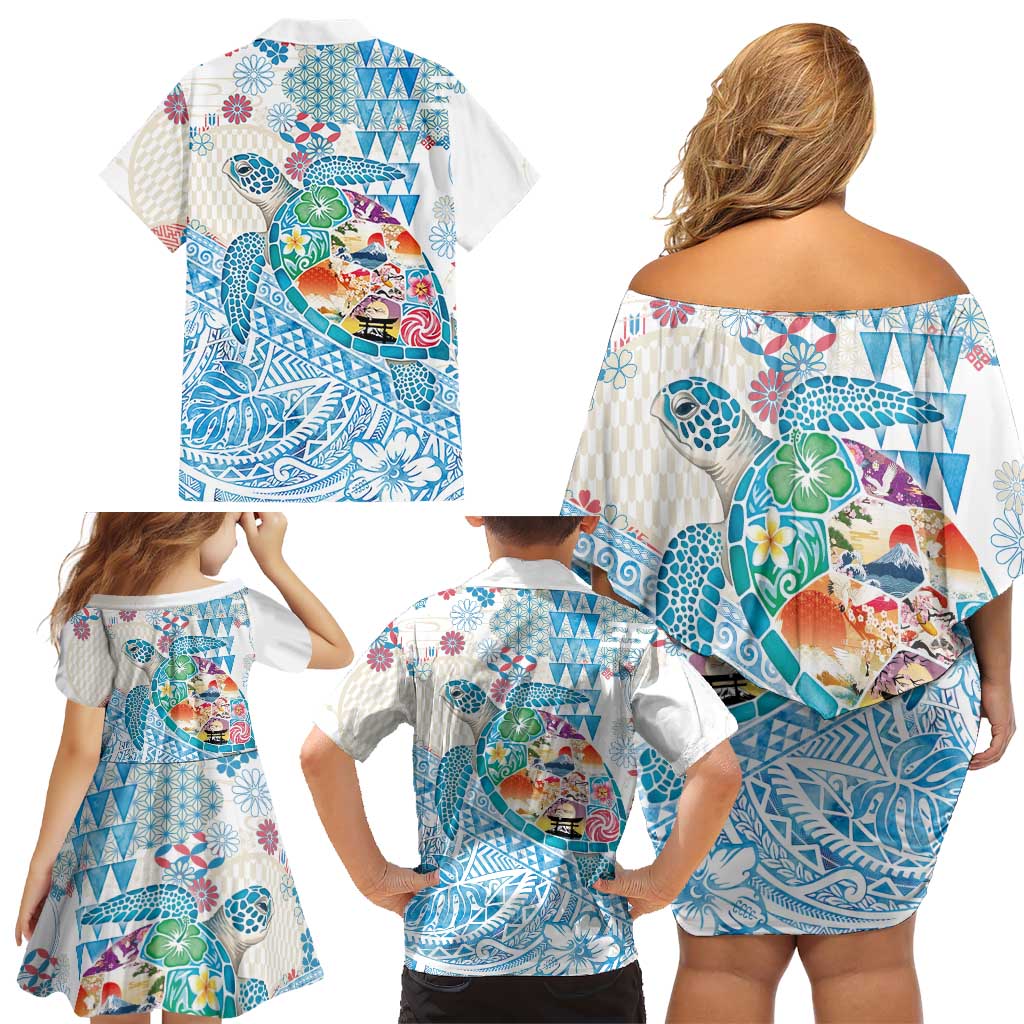 Hawaiian and Japanese Culture Together Family Matching Off Shoulder Short Dress and Hawaiian Shirt Tropical Honu with Japanese Elements Blue Color