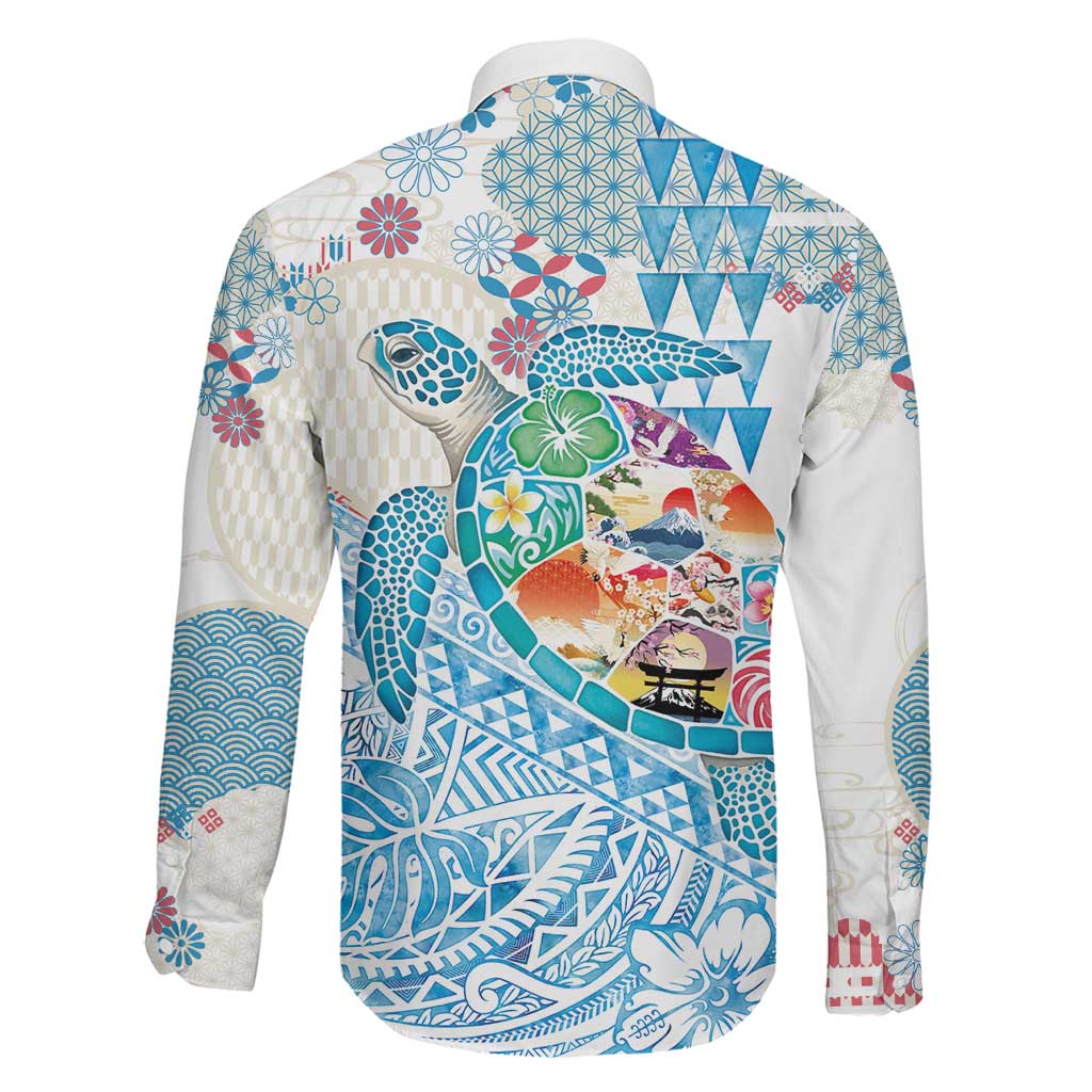 Hawaiian and Japanese Culture Together Family Matching Off Shoulder Short Dress and Hawaiian Shirt Tropical Honu with Japanese Elements Blue Color