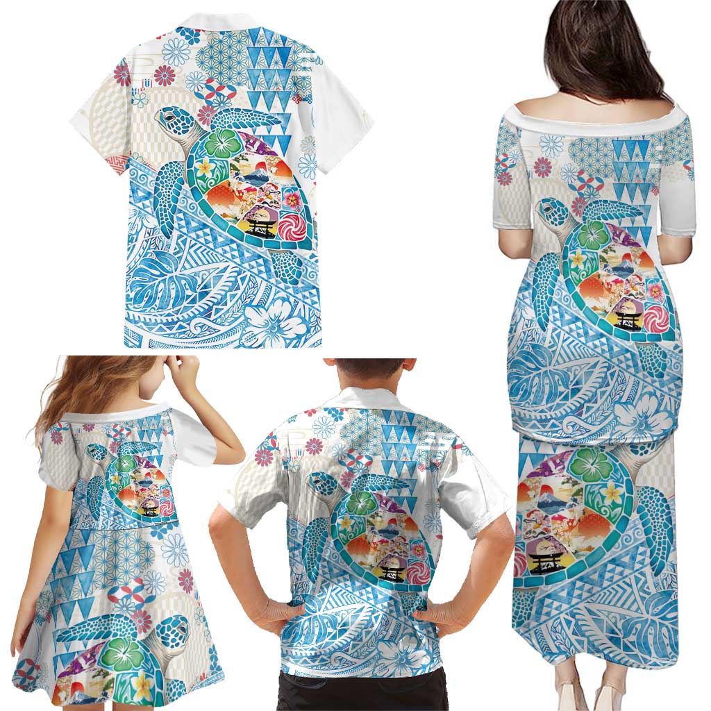 Hawaiian and Japanese Culture Together Family Matching Puletasi and Hawaiian Shirt Tropical Honu with Japanese Elements Blue Color