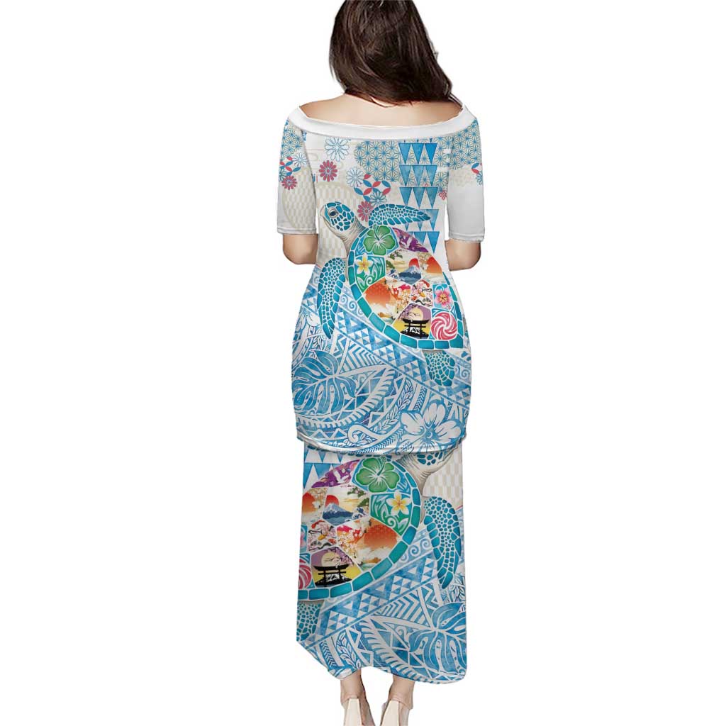 Hawaiian and Japanese Culture Together Family Matching Puletasi and Hawaiian Shirt Tropical Honu with Japanese Elements Blue Color