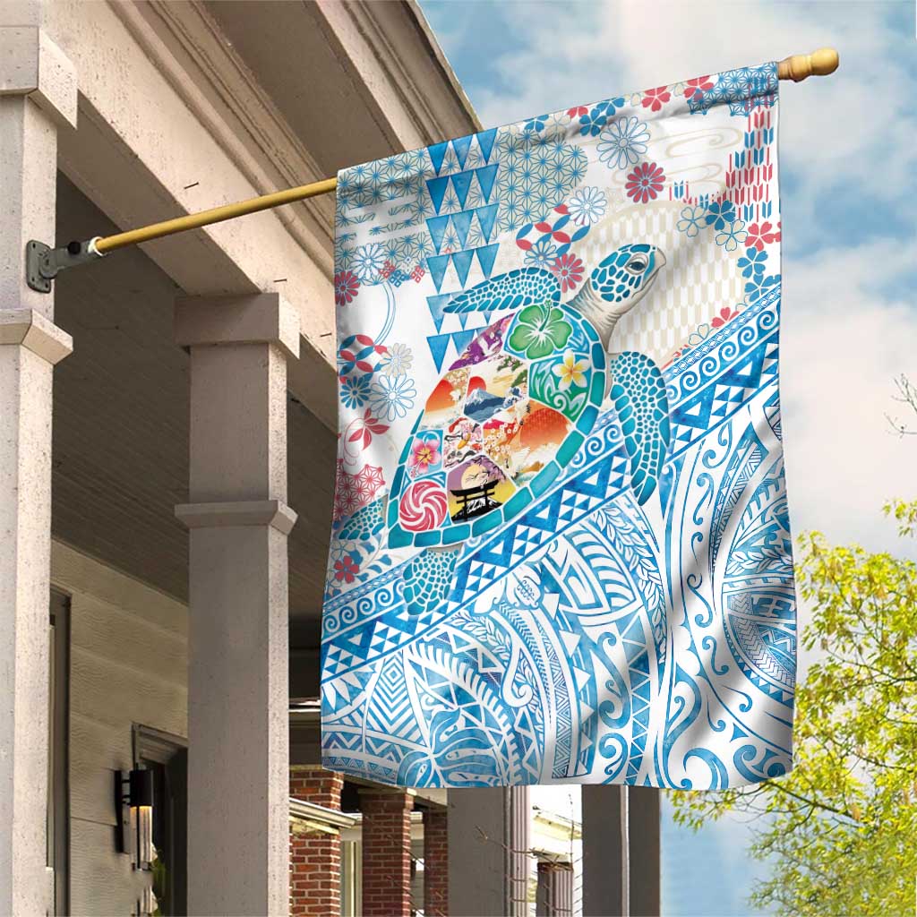Hawaiian and Japanese Culture Together Garden Flag Tropical Honu with Japanese Elements Blue Color LT03 House Flag Blue - Polynesian Pride