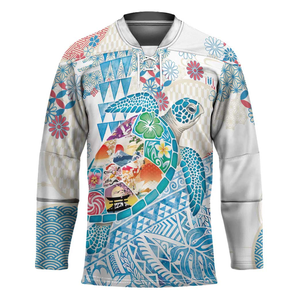 Hawaiian and Japanese Culture Together Hockey Jersey Tropical Honu with Japanese Elements Blue Color LT03 Unisex Blue - Polynesian Pride