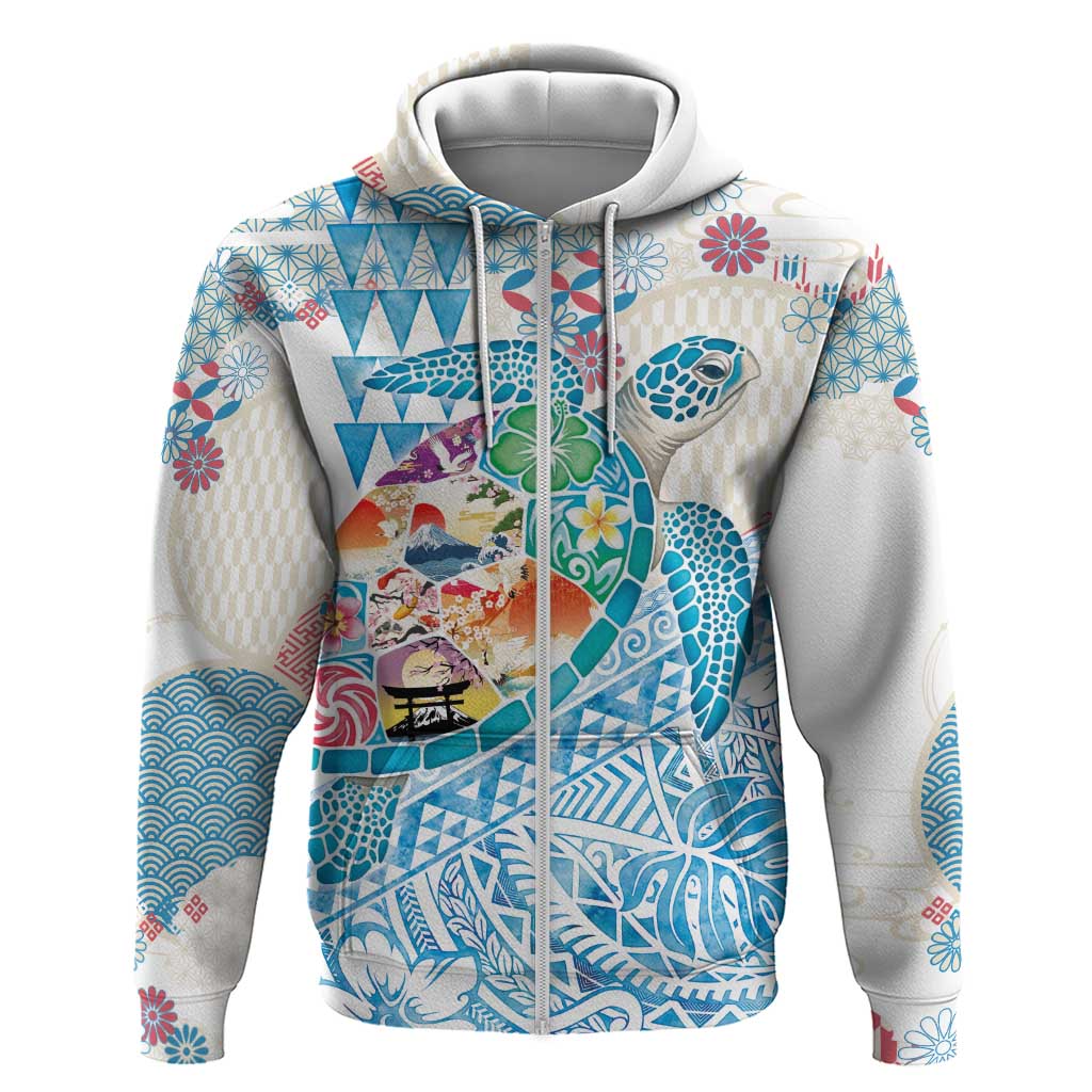 Hawaiian and Japanese Culture Together Hoodie Tropical Honu with Japanese Elements Blue Color LT03 Zip Hoodie Blue - Polynesian Pride
