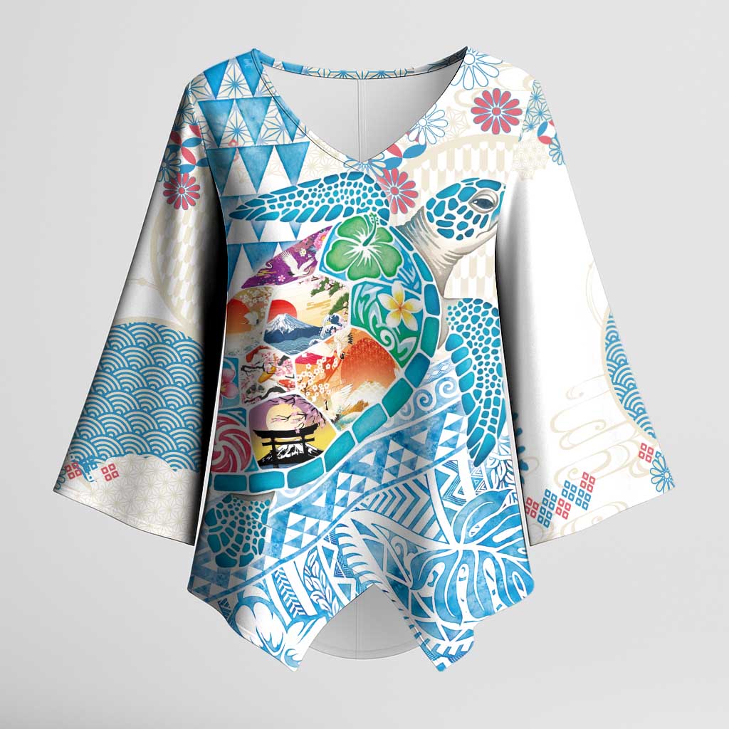 Hawaiian and Japanese Culture Together Kimono Sleeve Blouse Tropical Honu with Japanese Elements Blue Color LT03 Female Blue - Polynesian Pride
