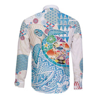 Hawaiian and Japanese Culture Together Long Sleeve Button Shirt Tropical Honu with Japanese Elements Blue Color LT03 - Polynesian Pride