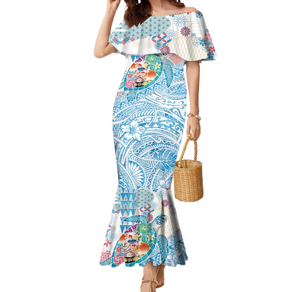 Hawaiian and Japanese Culture Together Mermaid Dress Tropical Honu with Japanese Elements Blue Color LT03 Women Blue - Polynesian Pride