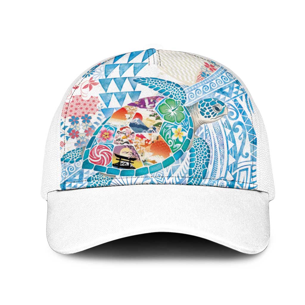 Hawaiian and Japanese Culture Together Mesh Trucker Cap Tropical Honu with Japanese Elements Blue Color LT03 One Size White Blue - Polynesian Pride