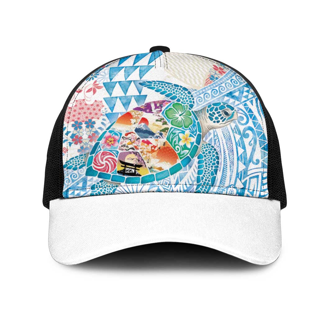 Hawaiian and Japanese Culture Together Mesh Trucker Cap Tropical Honu with Japanese Elements Blue Color