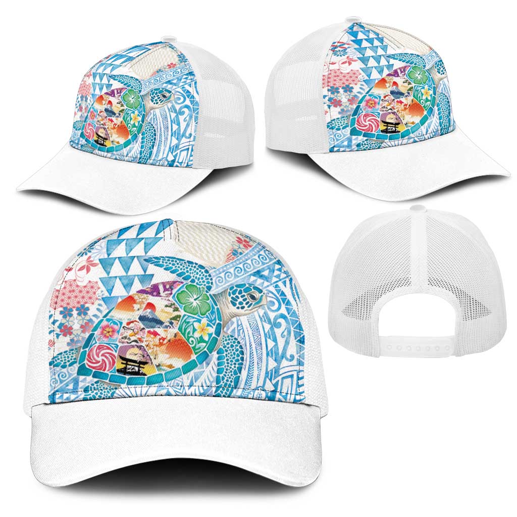 Hawaiian and Japanese Culture Together Mesh Trucker Cap Tropical Honu with Japanese Elements Blue Color
