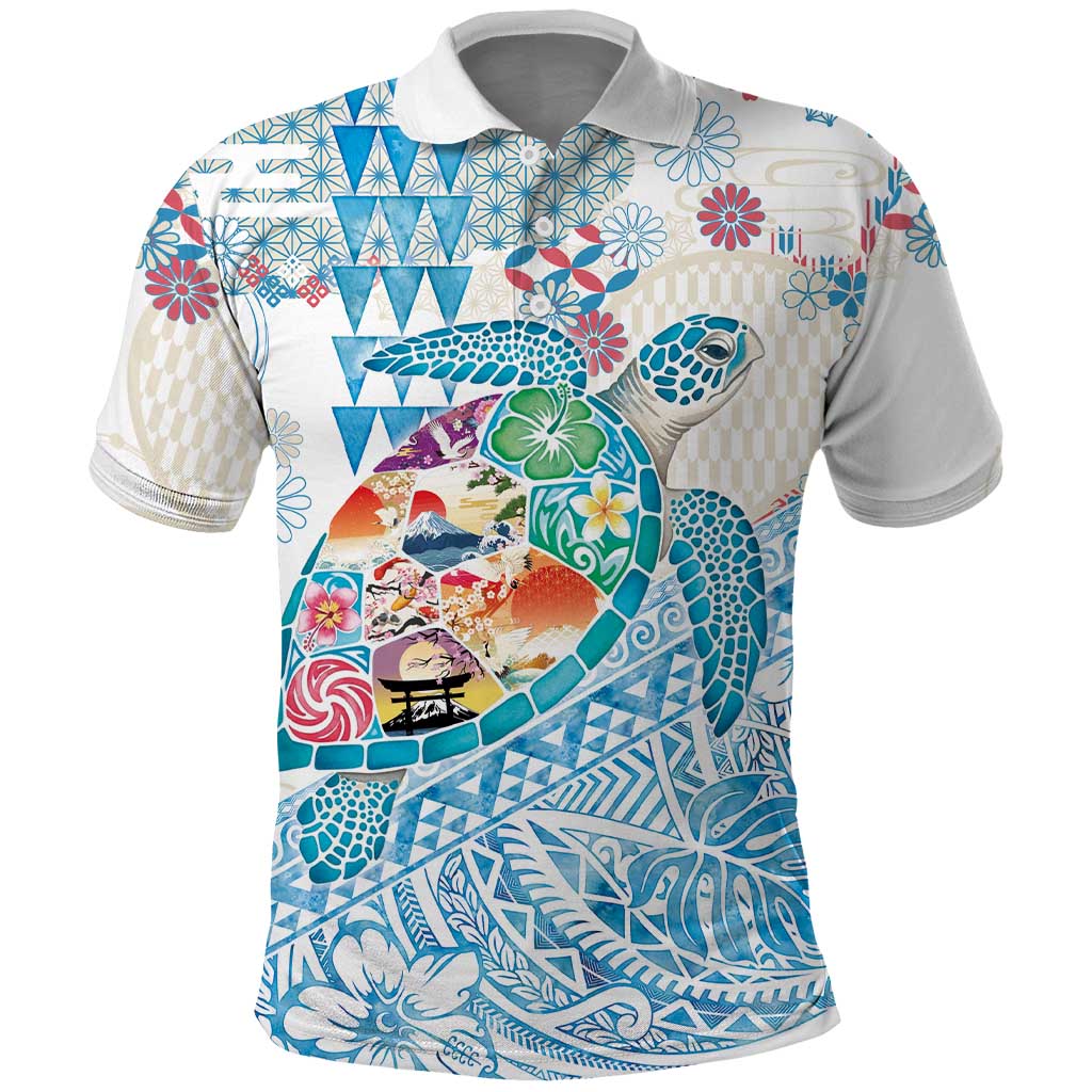 Hawaiian and Japanese Culture Together Polo Shirt Tropical Honu with Japanese Elements Blue Color LT03 Blue - Polynesian Pride