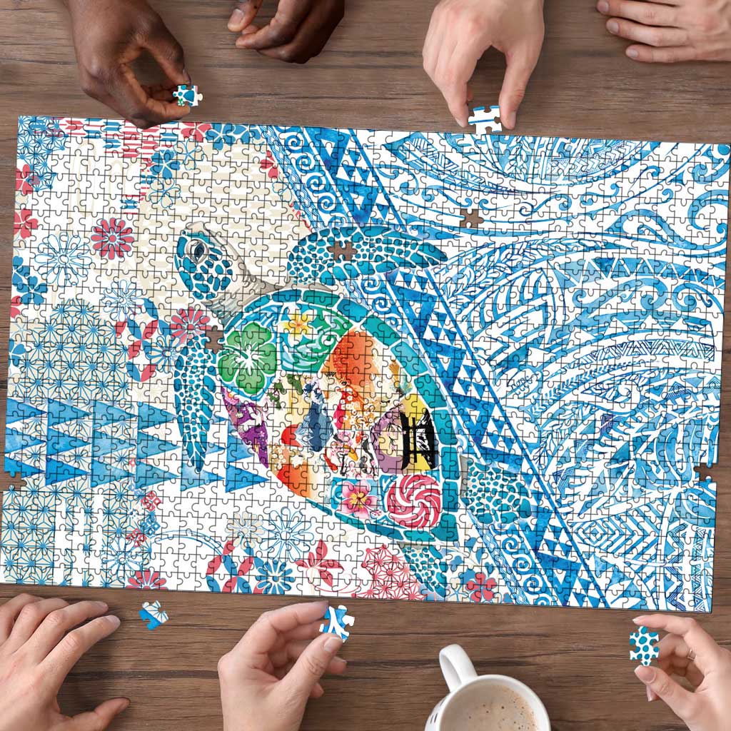 Hawaiian and Japanese Culture Together Puzzle Tropical Honu with Japanese Elements Blue Color LT03 - Polynesian Pride