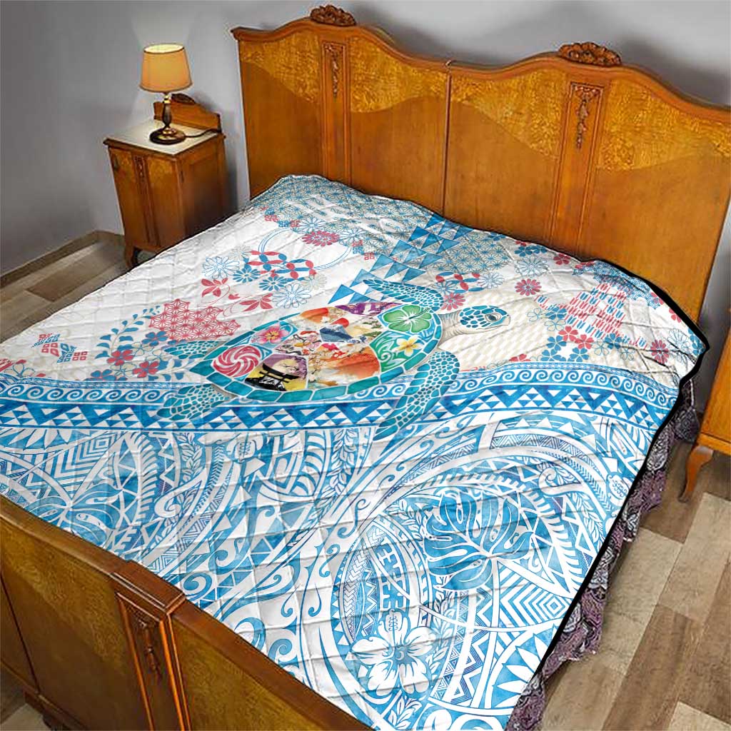 Hawaiian and Japanese Culture Together Quilt Tropical Honu with Japanese Elements Blue Color LT03 - Polynesian Pride
