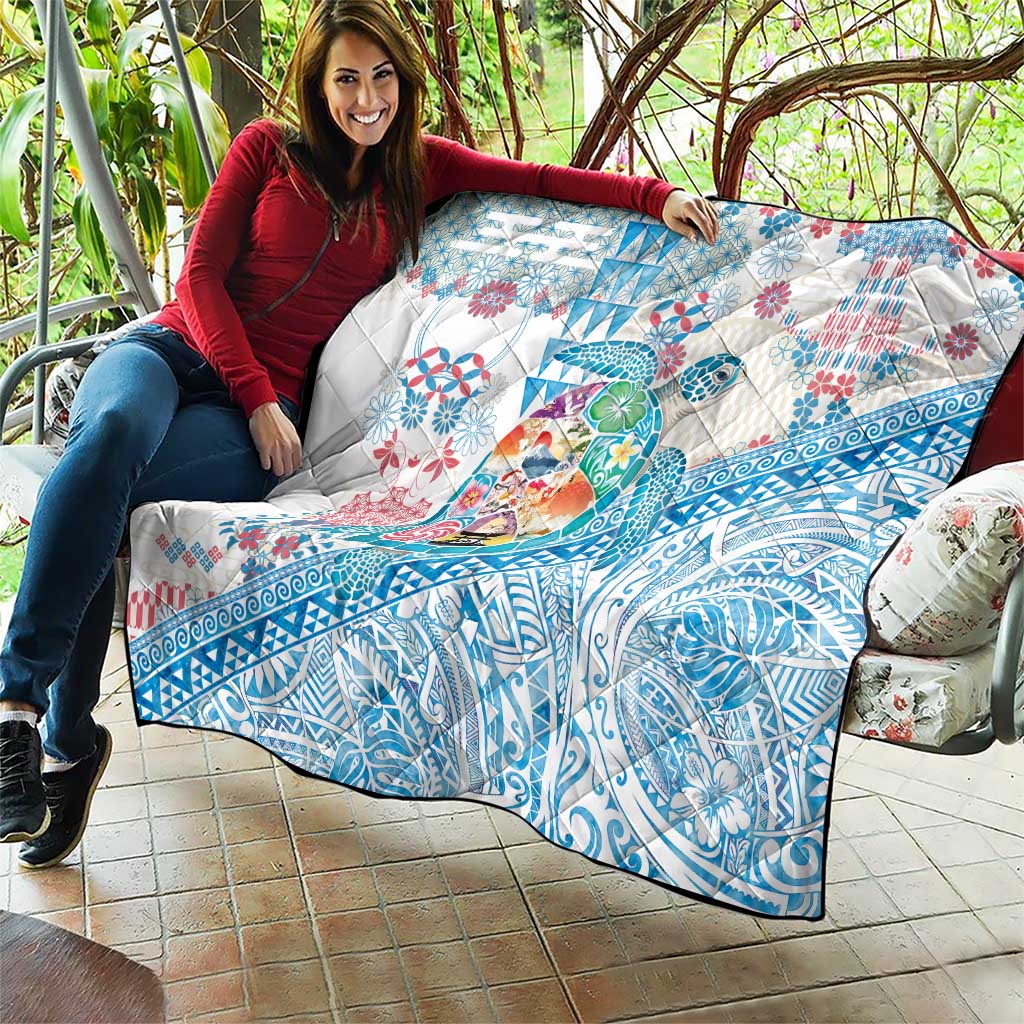 Hawaiian and Japanese Culture Together Quilt Tropical Honu with Japanese Elements Blue Color LT03 - Polynesian Pride