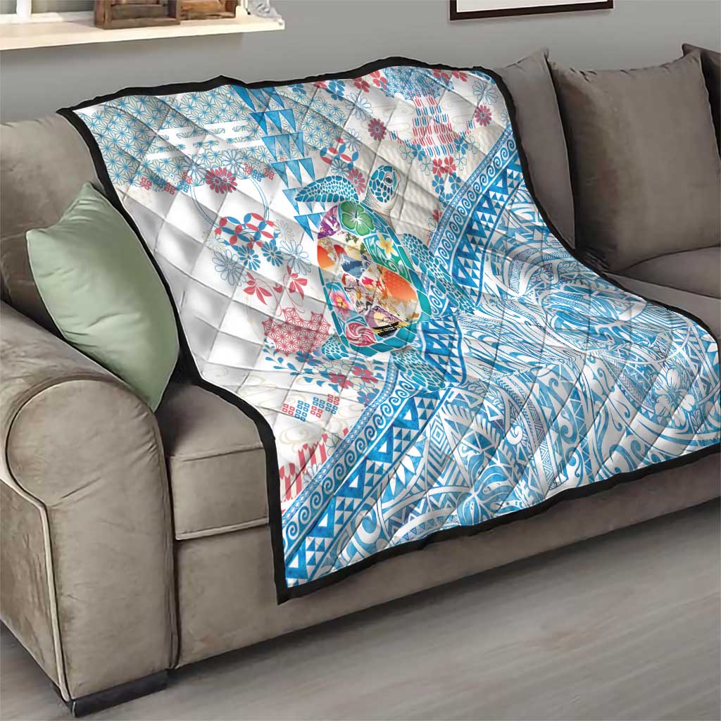Hawaiian and Japanese Culture Together Quilt Tropical Honu with Japanese Elements Blue Color LT03 - Polynesian Pride