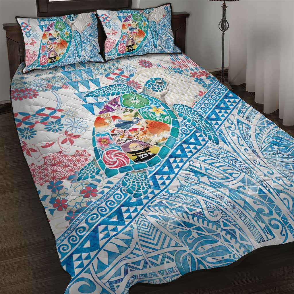 Hawaiian and Japanese Culture Together Quilt Bed Set Tropical Honu with Japanese Elements Blue Color LT03 Blue - Polynesian Pride