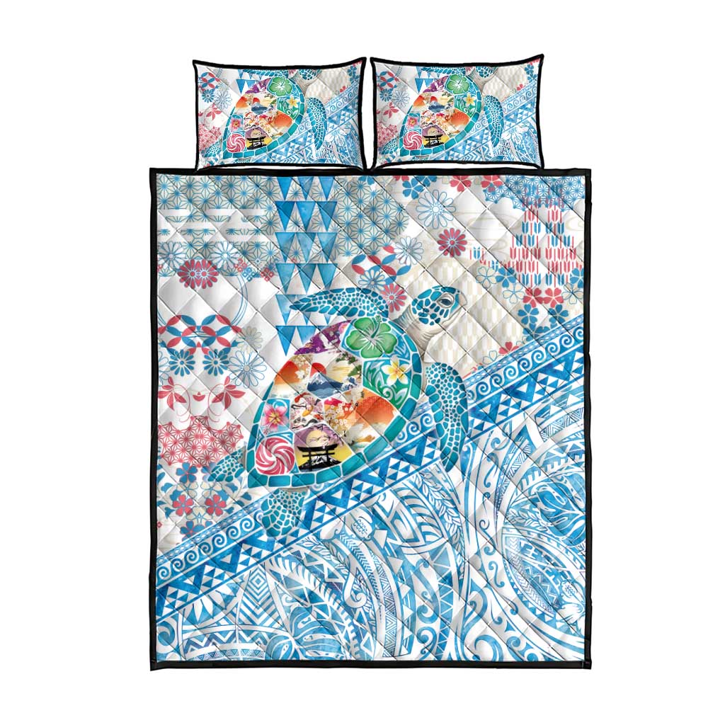 Hawaiian and Japanese Culture Together Quilt Bed Set Tropical Honu with Japanese Elements Blue Color LT03 - Polynesian Pride