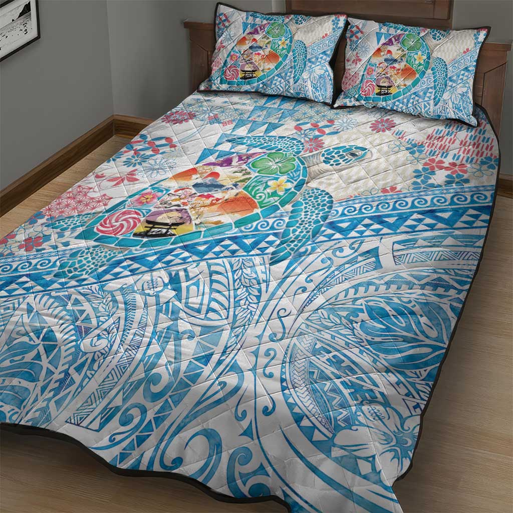 Hawaiian and Japanese Culture Together Quilt Bed Set Tropical Honu with Japanese Elements Blue Color LT03 - Polynesian Pride