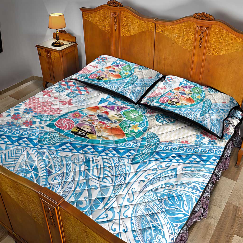 Hawaiian and Japanese Culture Together Quilt Bed Set Tropical Honu with Japanese Elements Blue Color LT03 - Polynesian Pride