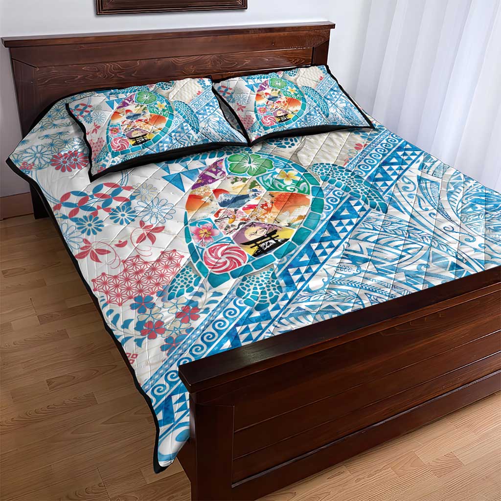 Hawaiian and Japanese Culture Together Quilt Bed Set Tropical Honu with Japanese Elements Blue Color LT03 - Polynesian Pride