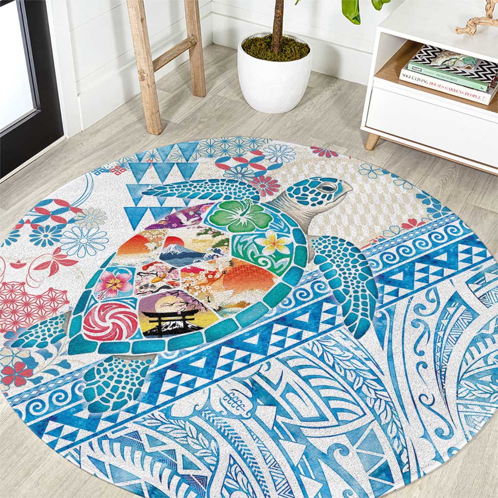 Hawaiian and Japanese Culture Together Round Carpet Tropical Honu with Japanese Elements Blue Color LT03 Blue - Polynesian Pride