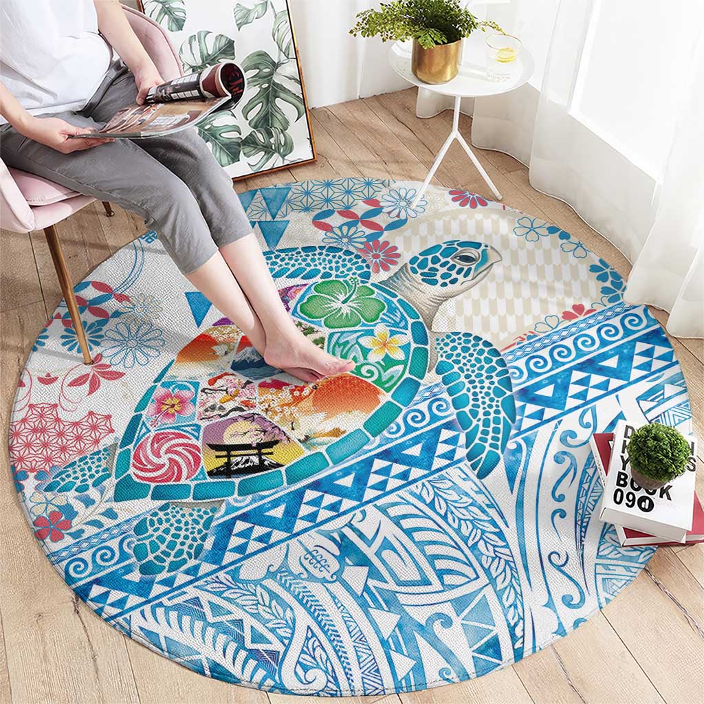 Hawaiian and Japanese Culture Together Round Carpet Tropical Honu with Japanese Elements Blue Color LT03 - Polynesian Pride