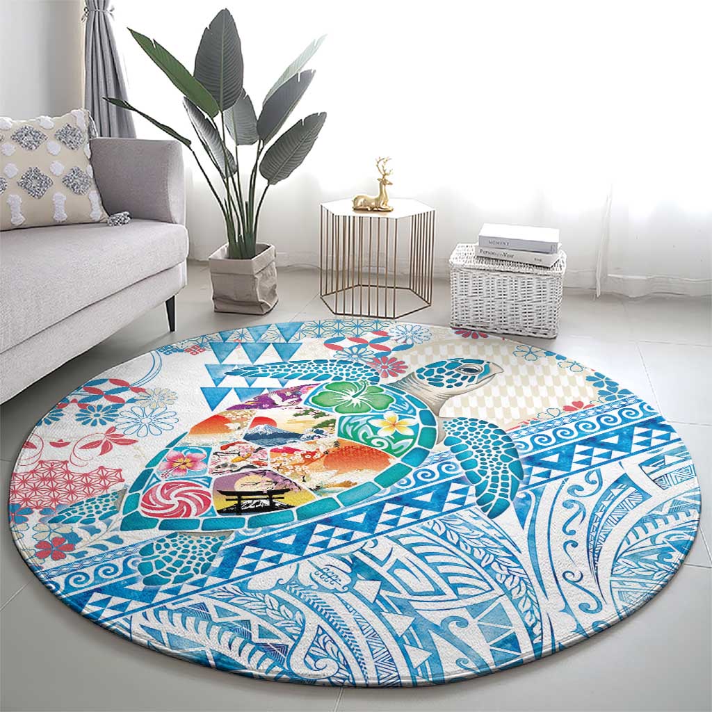 Hawaiian and Japanese Culture Together Round Carpet Tropical Honu with Japanese Elements Blue Color LT03 - Polynesian Pride