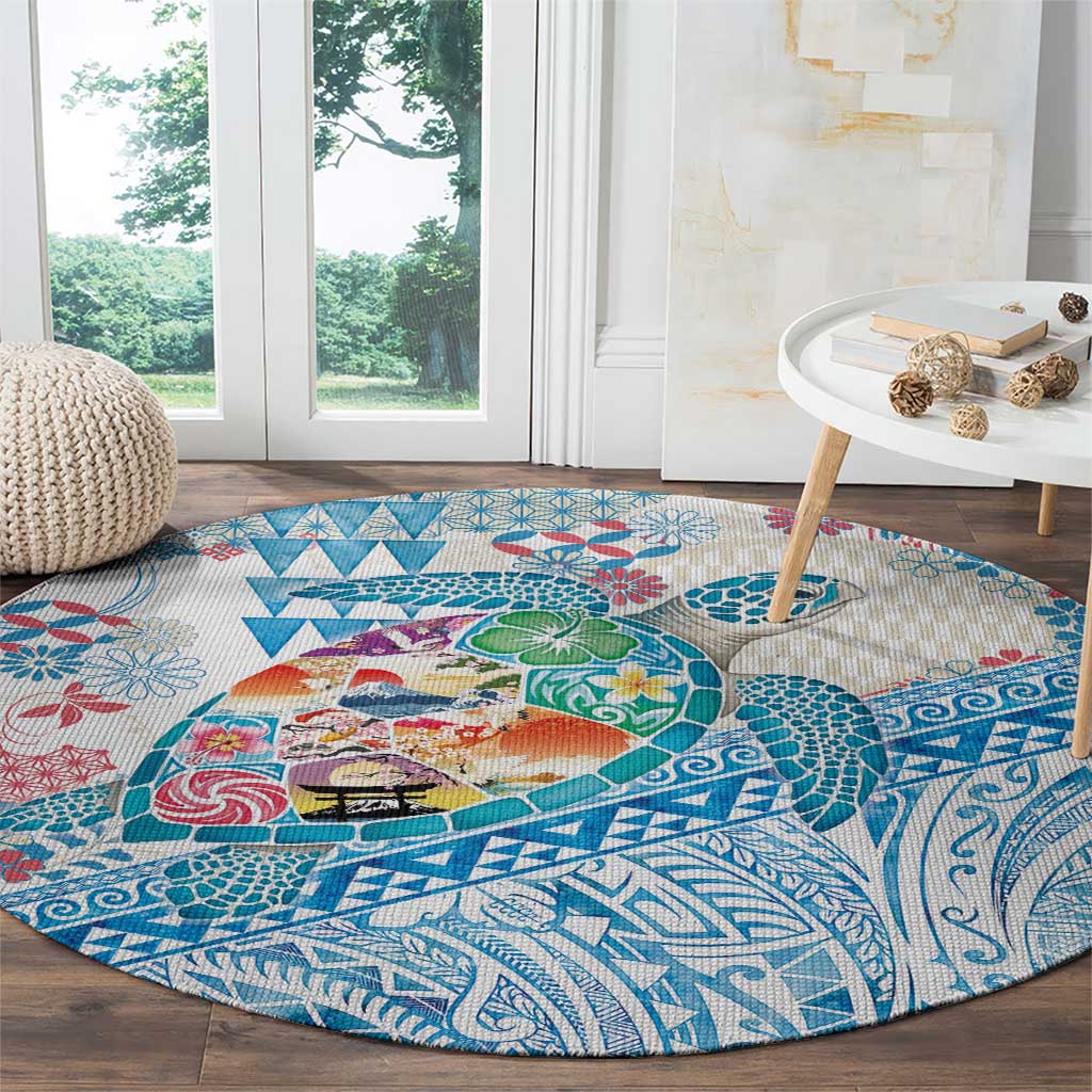 Hawaiian and Japanese Culture Together Round Carpet Tropical Honu with Japanese Elements Blue Color LT03 - Polynesian Pride