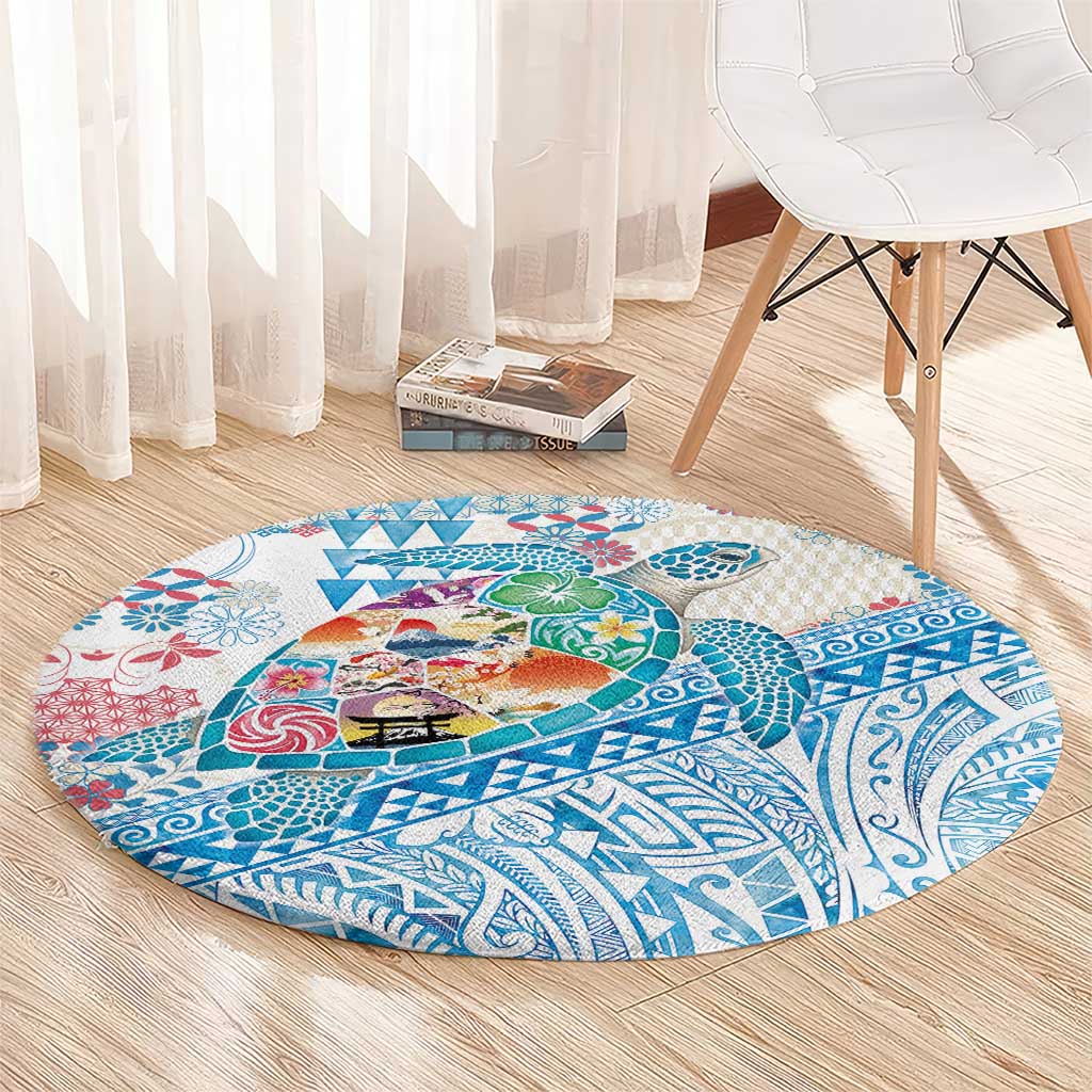 Hawaiian and Japanese Culture Together Round Carpet Tropical Honu with Japanese Elements Blue Color LT03 - Polynesian Pride