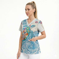 Hawaiian and Japanese Culture Together Scrub Top Tropical Honu with Japanese Elements Blue Color LT03 - Polynesian Pride