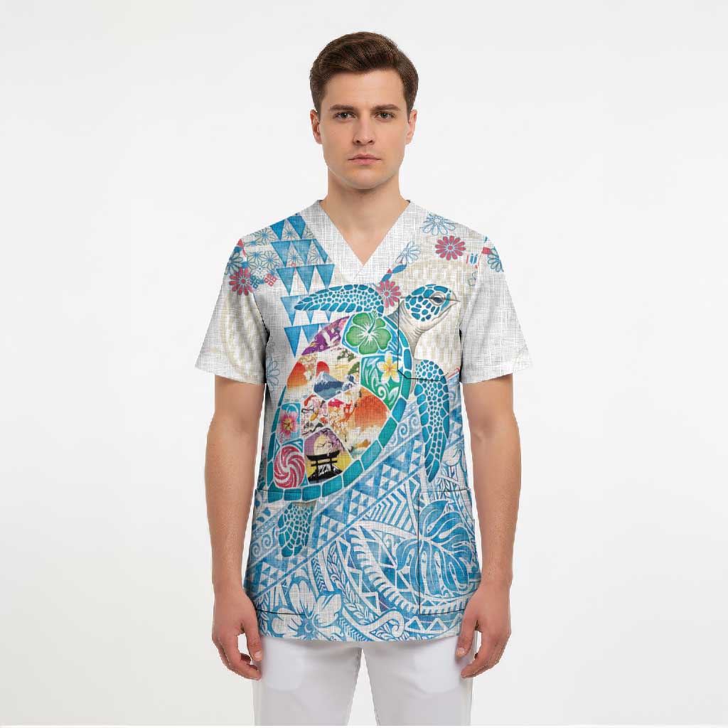 Hawaiian and Japanese Culture Together Scrub Top Tropical Honu with Japanese Elements Blue Color LT03 - Polynesian Pride