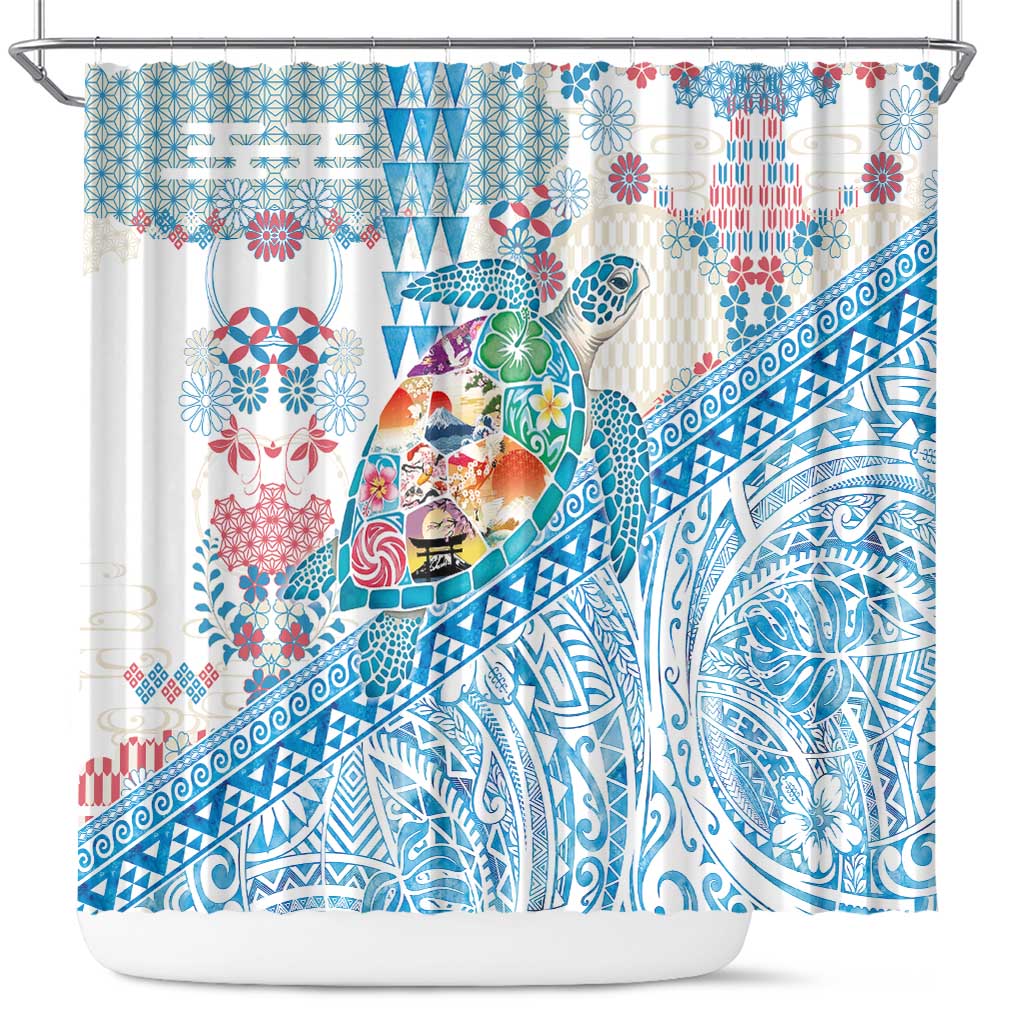 Hawaiian and Japanese Culture Together Shower Curtain Tropical Honu with Japanese Elements Blue Color LT03 Blue - Polynesian Pride