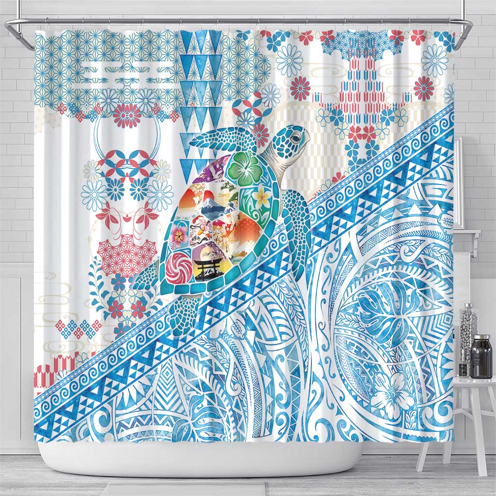 Hawaiian and Japanese Culture Together Shower Curtain Tropical Honu with Japanese Elements Blue Color LT03 - Polynesian Pride
