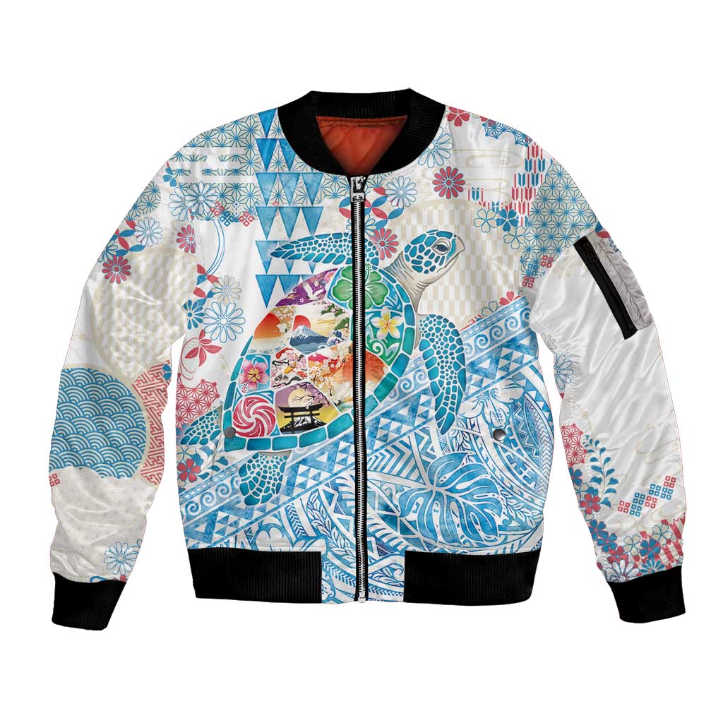 Hawaiian and Japanese Culture Together Sleeve Zip Bomber Jacket Tropical Honu with Japanese Elements Blue Color LT03 Unisex Blue - Polynesian Pride