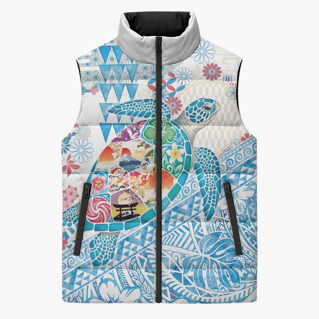Hawaiian and Japanese Culture Together Sleeveless Puffer Jacket Tropical Honu with Japanese Elements Blue Color LT03 Unisex Blue - Polynesian Pride