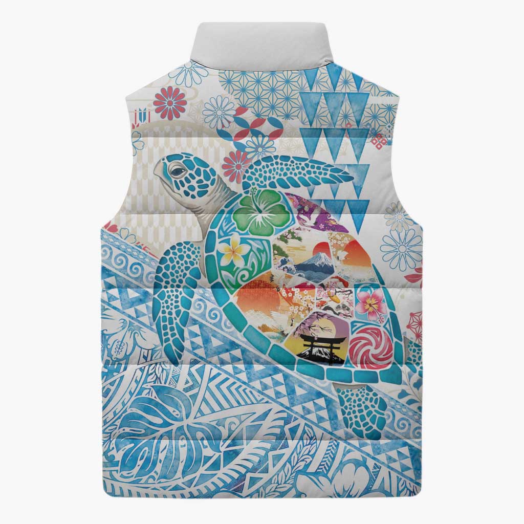 Hawaiian and Japanese Culture Together Sleeveless Puffer Jacket Tropical Honu with Japanese Elements Blue Color LT03 - Polynesian Pride