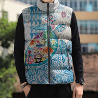 Hawaiian and Japanese Culture Together Sleeveless Puffer Jacket Tropical Honu with Japanese Elements Blue Color LT03 - Polynesian Pride